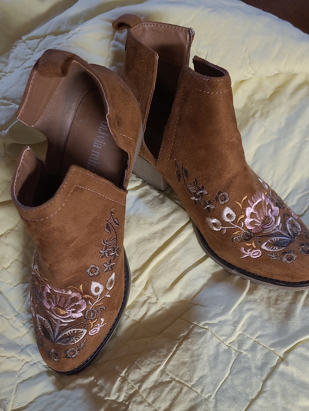 Olivia Miller Brown Suede Floral Embroidered Ankle Booties
